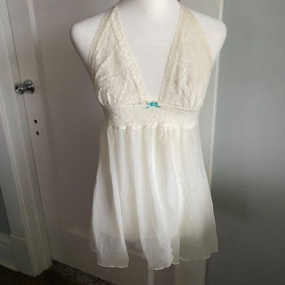 White Sheer Lace Halter Babydoll Slip, Little Blue bow, XS/S, Goddess - Picture 1 of 16